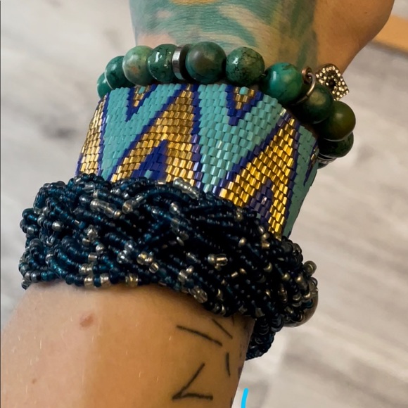 Earthbound Beaded Blue and Gold Boho Cuff Bracelet - Picture 6 of 6